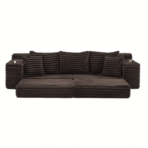Sofá de tecido veludo cotelê de 4 lugares - encosto alto, almofadas adicionais, bolsos laterais e porta-copos, convertível em sofá-cama - café