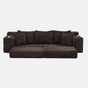 Sofá de tecido veludo cotelê de 4 lugares - encosto alto, almofadas adicionais, bolsos laterais e porta-copos, convertível em sofá-cama - café