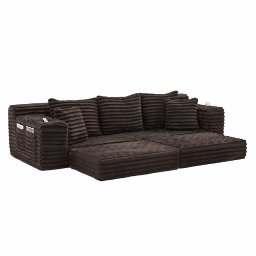 Sofá de tecido veludo cotelê de 4 lugares - encosto alto, almofadas adicionais, bolsos laterais e porta-copos, convertível em sofá-cama - café