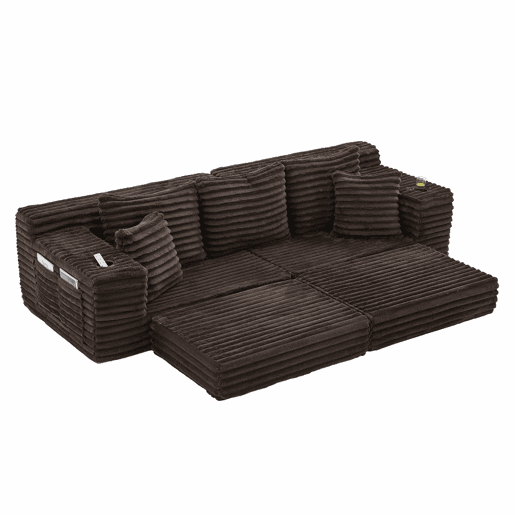 Sofá de tecido veludo cotelê de 4 lugares - encosto alto, almofadas adicionais, bolsos laterais e porta-copos, convertível em sofá-cama - café
