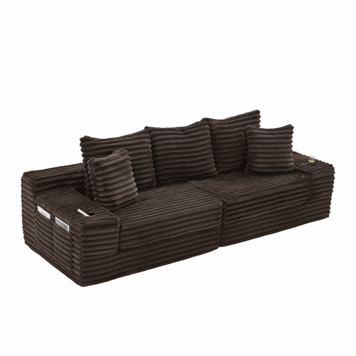 Sofá de tecido veludo cotelê de 4 lugares - encosto alto, almofadas adicionais, bolsos laterais e porta-copos, convertível em sofá-cama - café