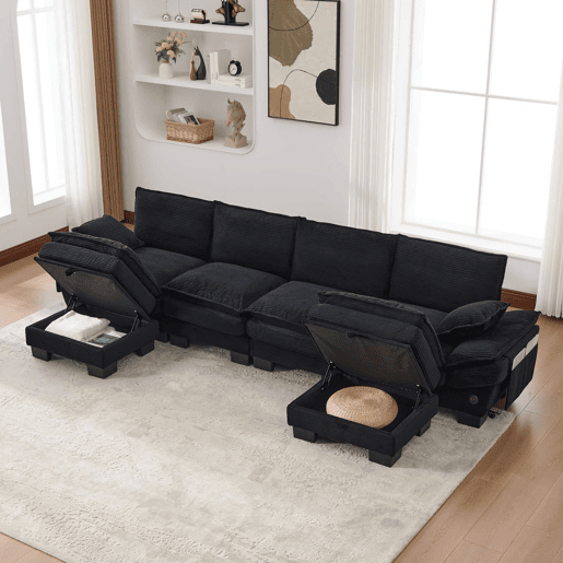 Sofá modular de 4 lugares - assento amplo, design ergonómico, espuma de alta densidade, porta USB-C e bolsos laterais - preto