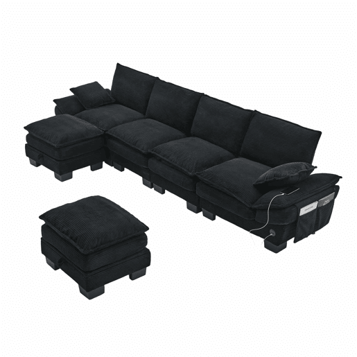 Sofá modular de 4 lugares - assento amplo, design ergonómico, espuma de alta densidade, porta USB-C e bolsos laterais - preto
