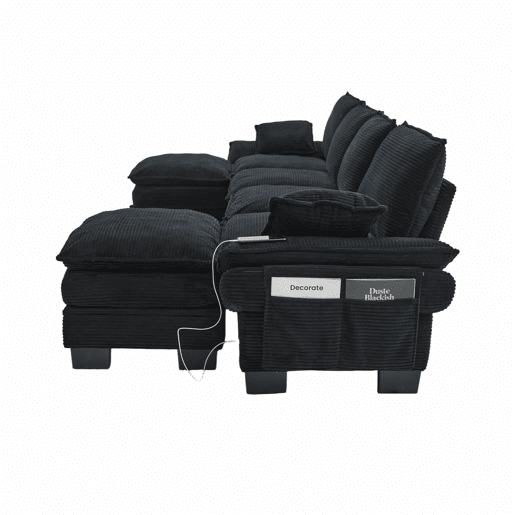 Sofá modular de 4 lugares - assento amplo, design ergonómico, espuma de alta densidade, porta USB-C e bolsos laterais - preto