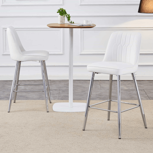 Conjunto de 2 bancos de bar, 100 cm - Couro PU branco, estrutura metálica prateada, apoio para os pés confortável - Branco e prateado