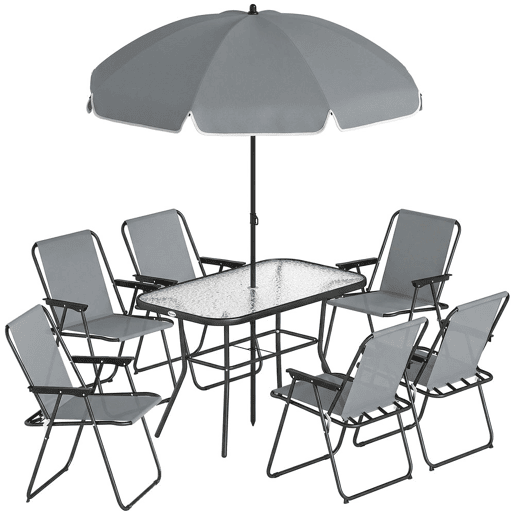 Outsunny Conjunto de Mesa e Cadeiras de Jardim de 8 Peças Móveis de Jardim para Exterior com Chapéu de Sol 6 Cadeiras Dobráveis Mesa de Vidro Temperado para Terraço Pátio Cinza