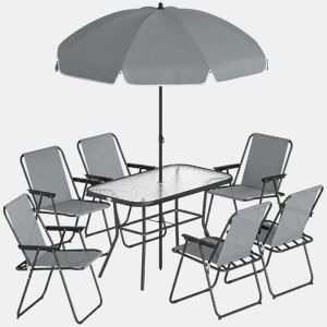 Outsunny Conjunto de Mesa e Cadeiras de Jardim de 8 Peças Móveis de Jardim para Exterior com Chapéu de Sol 6 Cadeiras Dobráveis Mesa de Vidro Temperado para Terraço Pátio Cinza