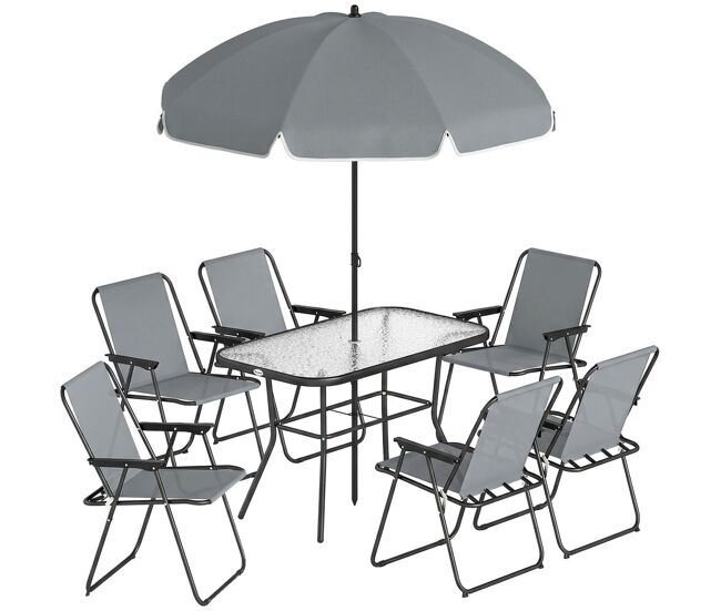 Outsunny conjunto de mesa y sillas jardín de 8 piezas, muebles de jardín exterior con sombrilla, 6 sillas plegables, mesa de vidrio templado, para