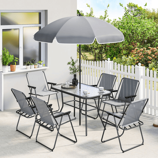 Outsunny Conjunto de Mesa e Cadeiras de Jardim de 8 Peças Móveis de Jardim para Exterior com Chapéu de Sol 6 Cadeiras Dobráveis Mesa de Vidro Temperado para Terraço Pátio Cinza