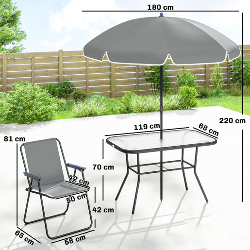 Outsunny Conjunto de Mesa e Cadeiras de Jardim de 8 Peças Móveis de Jardim para Exterior com Chapéu de Sol 6 Cadeiras Dobráveis Mesa de Vidro Temperado para Terraço Pátio Cinza