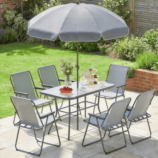 Outsunny Conjunto de Mesa e Cadeiras de Jardim de 8 Peças Móveis de Jardim para Exterior com Chapéu de Sol 6 Cadeiras Dobráveis Mesa de Vidro Temperado para Terraço Pátio Cinza