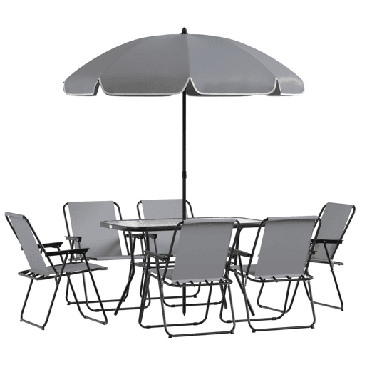 Outsunny Conjunto de Mesa e Cadeiras de Jardim de 8 Peças Móveis de Jardim para Exterior com Chapéu de Sol 6 Cadeiras Dobráveis Mesa de Vidro Temperado para Terraço Pátio Cinza