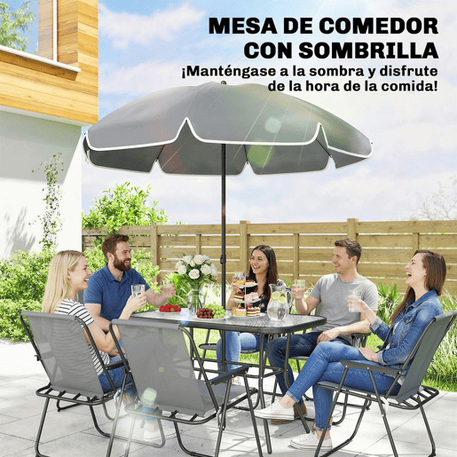 Outsunny Conjunto de Mesa e Cadeiras de Jardim de 8 Peças Móveis de Jardim para Exterior com Chapéu de Sol 6 Cadeiras Dobráveis Mesa de Vidro Temperado para Terraço Pátio Cinza