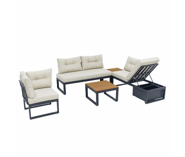 Conjunto de muebles de jardín 3 plazas - reclinable 3 posiciones, cojines gruesos, almacenamiento, poliéster resistente al agua - beige