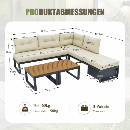 Conjunto de móveis de jardim para 3 pessoas - Reclinável em 3 posições, almofadas grossas, arrumação, poliéster resistente à água - Bege