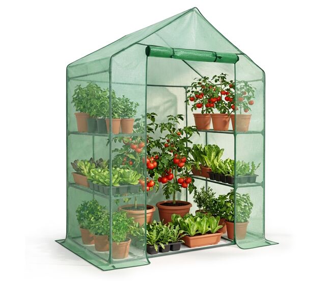 Mini invernadero de jardín tipo caseta con estructura metálica y cubierta de pe con estantes, 1 puerta verde 143x73x195 cm