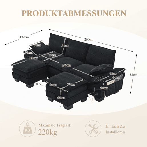 Sofá modular de 3 lugares - assento largo, design ergonómico, espuma de alta densidade, porta USB-C e bolsos laterais - preto