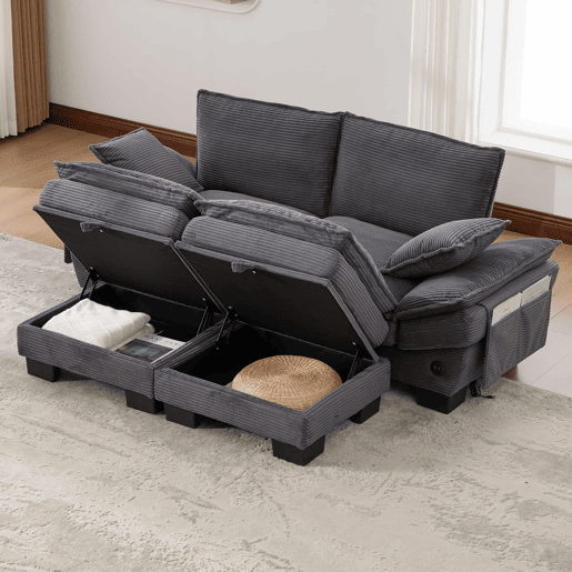 Sofá modular de 2 lugares - assento amplo, design ergonómico, espuma de alta densidade, porta USB-C e bolsos laterais - Cinza escuro
