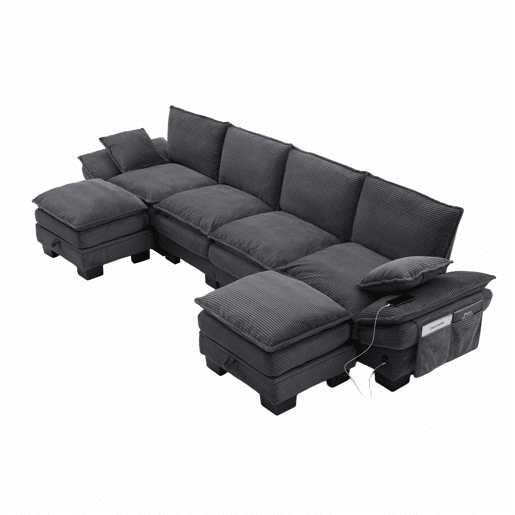 Sofá modular de 4 lugares com 2 pufes u2013 assento amplo, design ergonómico, estofamento em espuma de alta densidade, porta USB-C e bolsos laterais u2013 Cinza escuro