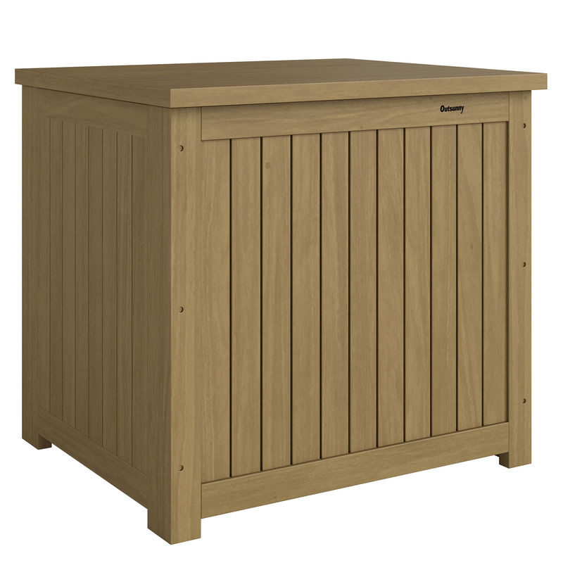 Outsunny arcón exterior de madera, 130l, baúl almacenaje exterior con forro, tapa con bisagras y correa, impermeable, resistente a la intemperie, para jardín, terraza, patio, 63x51x58,5 cm, marrón