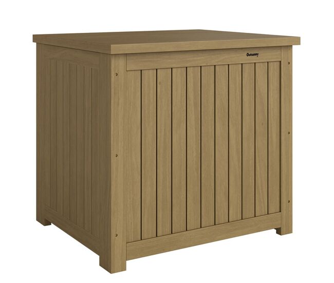 Outsunny arcón exterior de madera, 130l, baúl almacenaje exterior con forro, tapa con bisagras y correa, impermeable, resistente a la intemperie, para jardín, terraza, patio, 63x51x58,5 cm, marrón