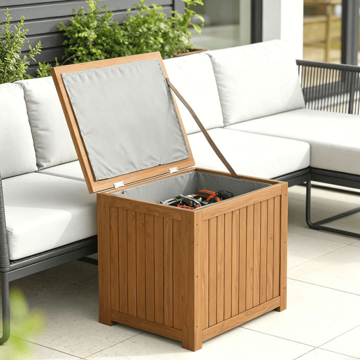 Outsunny Baú de Exterior em Madeira 130L Baú de Armazenamento com Forro Tampa Articulada e Correia Impermeável Resistente às Intempéries para Jardim Terraço Pátio 63x51x58,5 cm Castanho