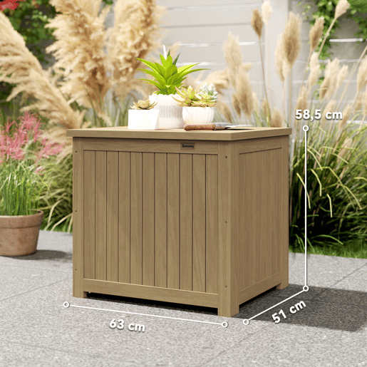 Outsunny Baú de Exterior em Madeira 130L Baú de Armazenamento com Forro Tampa Articulada e Correia Impermeável Resistente às Intempéries para Jardim Terraço Pátio 63x51x58,5 cm Castanho