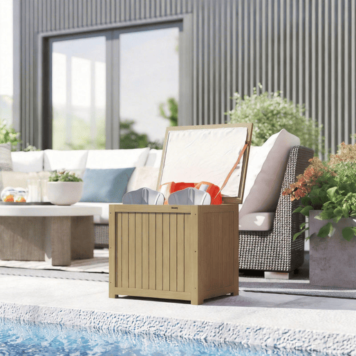 Outsunny Baú de Exterior em Madeira 130L Baú de Armazenamento com Forro Tampa Articulada e Correia Impermeável Resistente às Intempéries para Jardim Terraço Pátio 63x51x58,5 cm Castanho