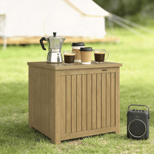 Outsunny Baú de Exterior em Madeira 130L Baú de Armazenamento com Forro Tampa Articulada e Correia Impermeável Resistente às Intempéries para Jardim Terraço Pátio 63x51x58,5 cm Castanho