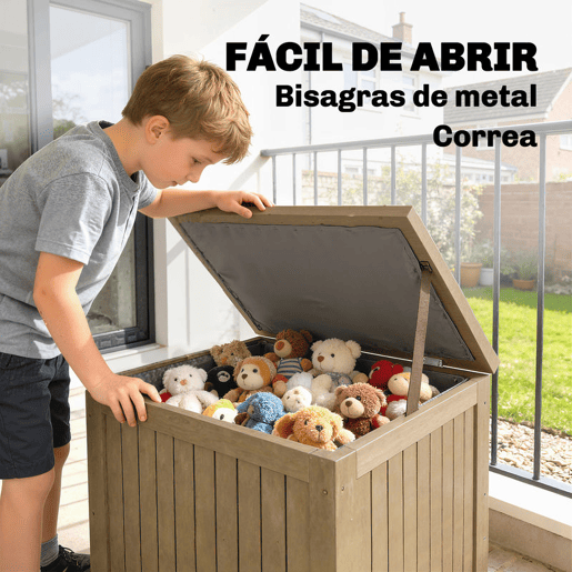 Outsunny Baú de Exterior em Madeira 130L Baú de Armazenamento com Forro Tampa Articulada e Correia Impermeável Resistente às Intempéries para Jardim Terraço Pátio 63x51x58,5 cm Castanho