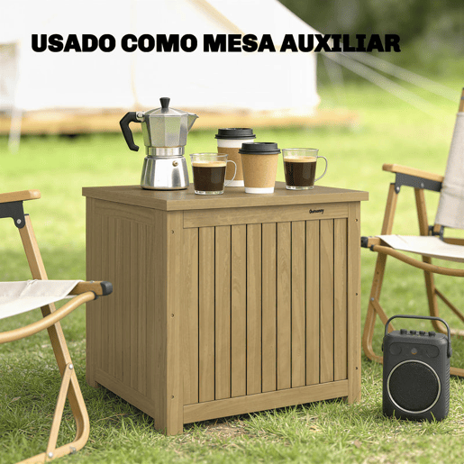 Outsunny Baú de Exterior em Madeira 130L Baú de Armazenamento com Forro Tampa Articulada e Correia Impermeável Resistente às Intempéries para Jardim Terraço Pátio 63x51x58,5 cm Castanho