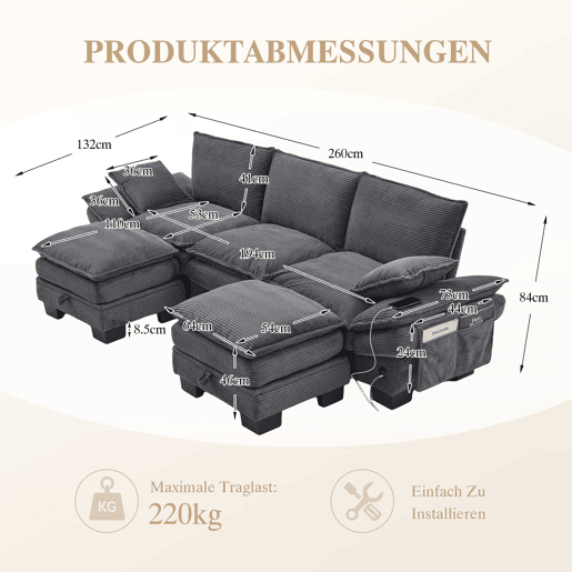 Sofá modular de 3 lugares - assento largo, design ergonómico, espuma de alta densidade, porta USB-C e bolsos laterais - cinzento escuro