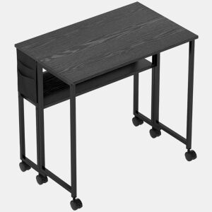HOMCOM Secretária Dobrável com Rodas e Prateleira Mesa Compacta com Bolso de Armazenamento Mesa para Computador Portátil para Casa Escritório Espaços Pequenos 80x50x75 cm Preto