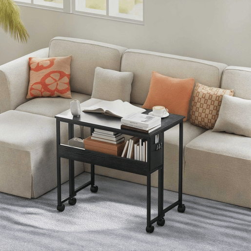 HOMCOM Secretária Dobrável com Rodas e Prateleira Mesa Compacta com Bolso de Armazenamento Mesa para Computador Portátil para Casa Escritório Espaços Pequenos 80x50x75 cm Preto