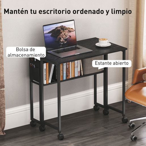 HOMCOM Secretária Dobrável com Rodas e Prateleira Mesa Compacta com Bolso de Armazenamento Mesa para Computador Portátil para Casa Escritório Espaços Pequenos 80x50x75 cm Preto