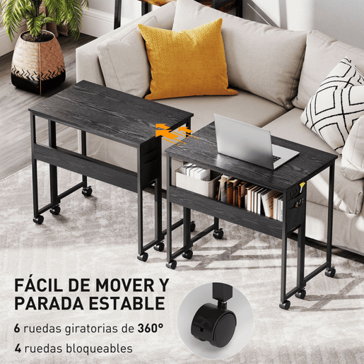HOMCOM Secretária Dobrável com Rodas e Prateleira Mesa Compacta com Bolso de Armazenamento Mesa para Computador Portátil para Casa Escritório Espaços Pequenos 80x50x75 cm Preto