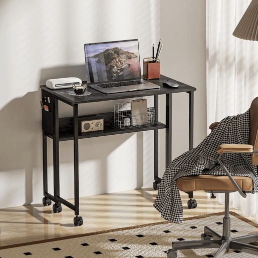 HOMCOM Secretária Dobrável com Rodas e Prateleira Mesa Compacta com Bolso de Armazenamento Mesa para Computador Portátil para Casa Escritório Espaços Pequenos 80x50x75 cm Preto