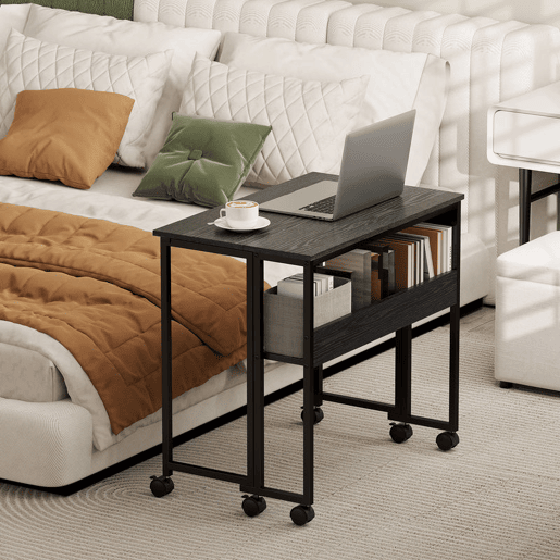 HOMCOM Secretária Dobrável com Rodas e Prateleira Mesa Compacta com Bolso de Armazenamento Mesa para Computador Portátil para Casa Escritório Espaços Pequenos 80x50x75 cm Preto