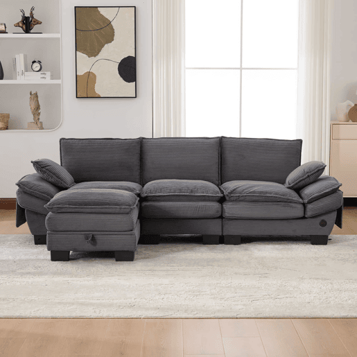 Sofá modular de 3 lugares - assento largo, design ergonómico, espuma de alta densidade, porta USB-C e bolsos laterais - cinzento escuro