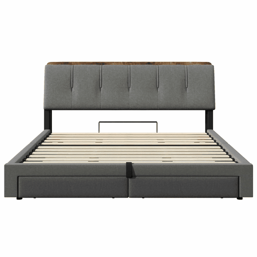 Cama estofada 180x200 cm - armazenamento hidráulico, USB Tipo-C, LED, sem colchão, armazenamento multifuncional, controlo por botãoaplicação - cinzento