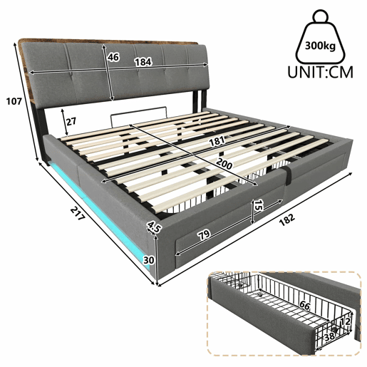 Cama estofada 180x200 cm - armazenamento hidráulico, USB Tipo-C, LED, sem colchão, armazenamento multifuncional, controlo por botãoaplicação - cinzento