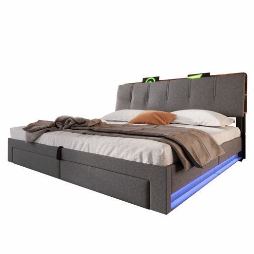 Cama estofada 180x200 cm - armazenamento hidráulico, USB Tipo-C, LED, sem colchão, armazenamento multifuncional, controlo por botãoaplicação - cinzento