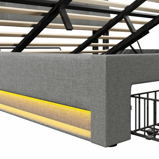 Cama estofada 180x200 cm - armazenamento hidráulico, USB Tipo-C, LED, sem colchão, armazenamento multifuncional, controlo por botãoaplicação - cinzento