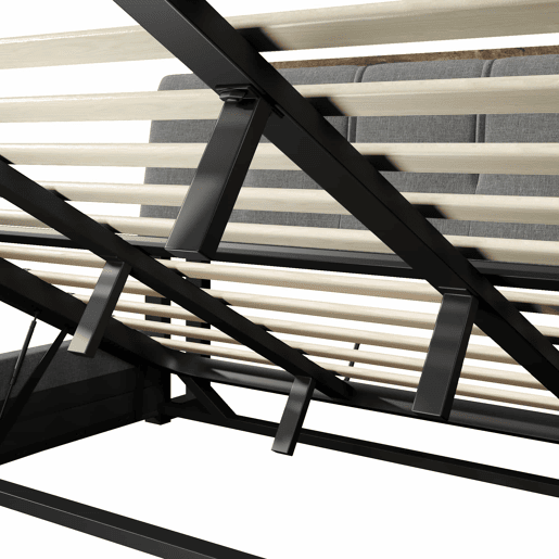 Cama estofada 180x200 cm - armazenamento hidráulico, USB Tipo-C, LED, sem colchão, armazenamento multifuncional, controlo por botãoaplicação - cinzento
