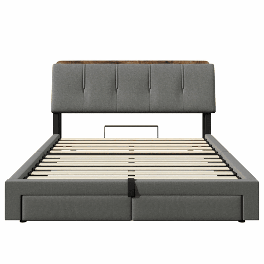 Cama estofada 140x200 cm - armazenamento hidráulico, USB Tipo-C, LED, linho, multifuncional - cinza