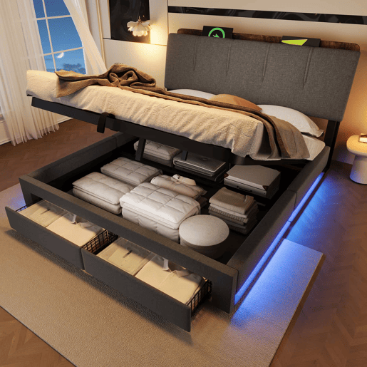 Cama estofada 140x200 cm - armazenamento hidráulico, USB Tipo-C, LED, linho, multifuncional - cinza