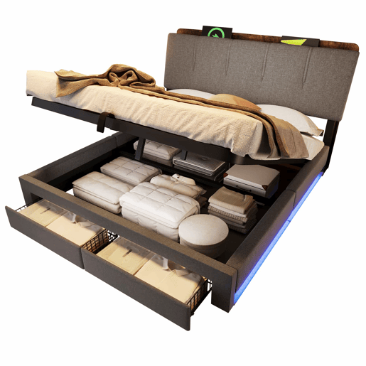 Cama estofada 140x200 cm - armazenamento hidráulico, USB Tipo-C, LED, linho, multifuncional - cinza