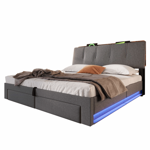 Cama estofada 140x200 cm - armazenamento hidráulico, USB Tipo-C, LED, linho, multifuncional - cinza