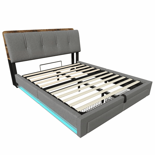 Cama estofada 140x200 cm - armazenamento hidráulico, USB Tipo-C, LED, linho, multifuncional - cinza