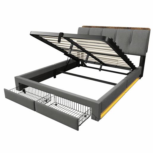 Cama estofada 140x200 cm - armazenamento hidráulico, USB Tipo-C, LED, linho, multifuncional - cinza
